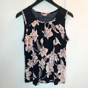 SJS Navy Peach Floral Zipper Neck Sleeveless Flowy Blouse Feminine Women's M